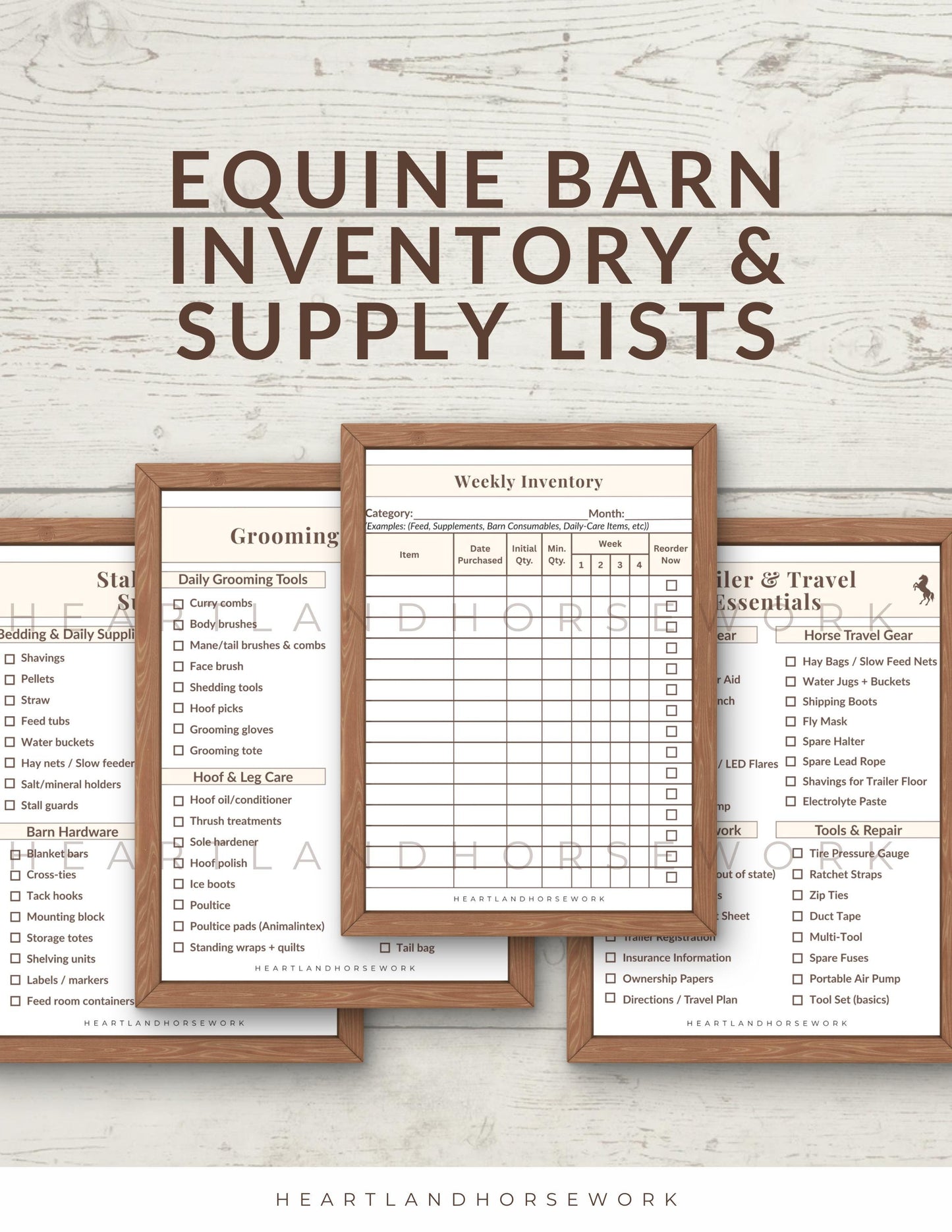 Equine barn inventory and supply lists with frames on a wooden background