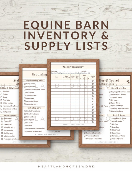 Equine barn inventory and supply lists with frames on a wooden background