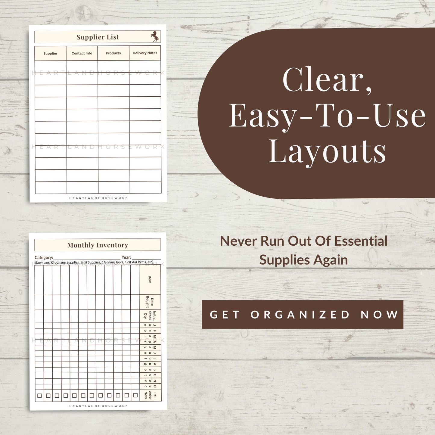 Two printable sheets with forms on a wooden surface, promoting clear and easy-to-use layouts for organization.
