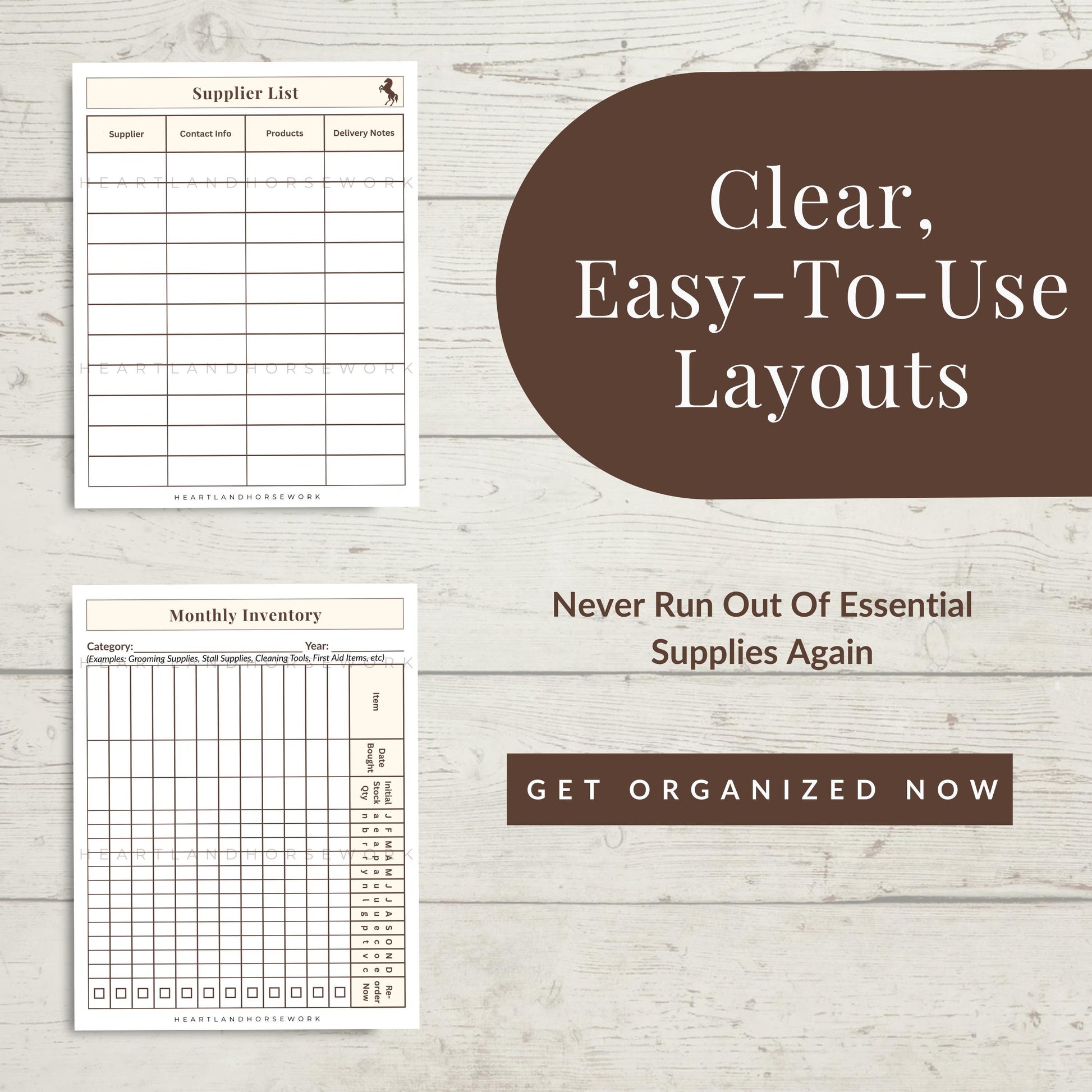Two printable sheets with forms on a wooden surface, promoting clear and easy-to-use layouts for organization.